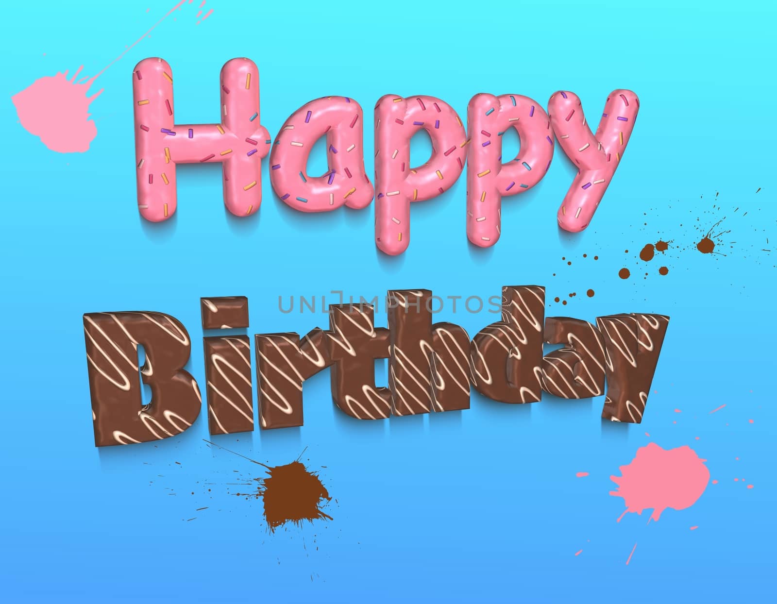 Words Happy Birthday covered with pink topping and confetti,chocolate and white topping on blue background.3D rendering.