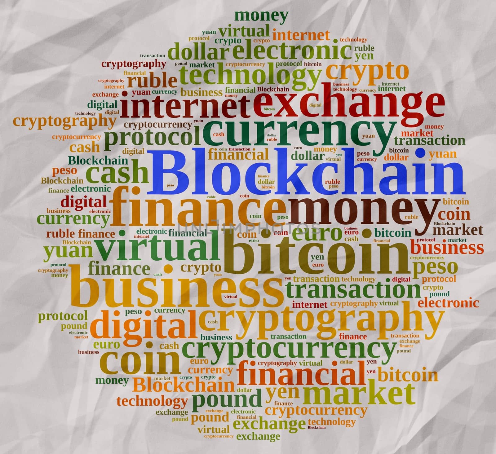 Illustration with word cloud with the word Blockchain.