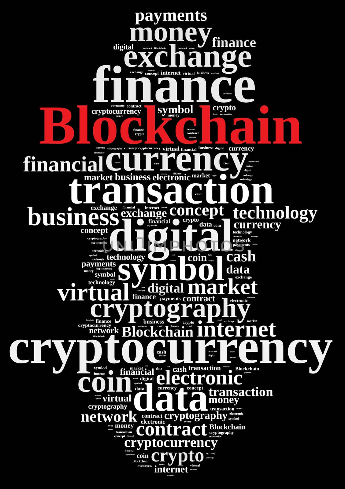 Illustration with word cloud with the word Blockchain.