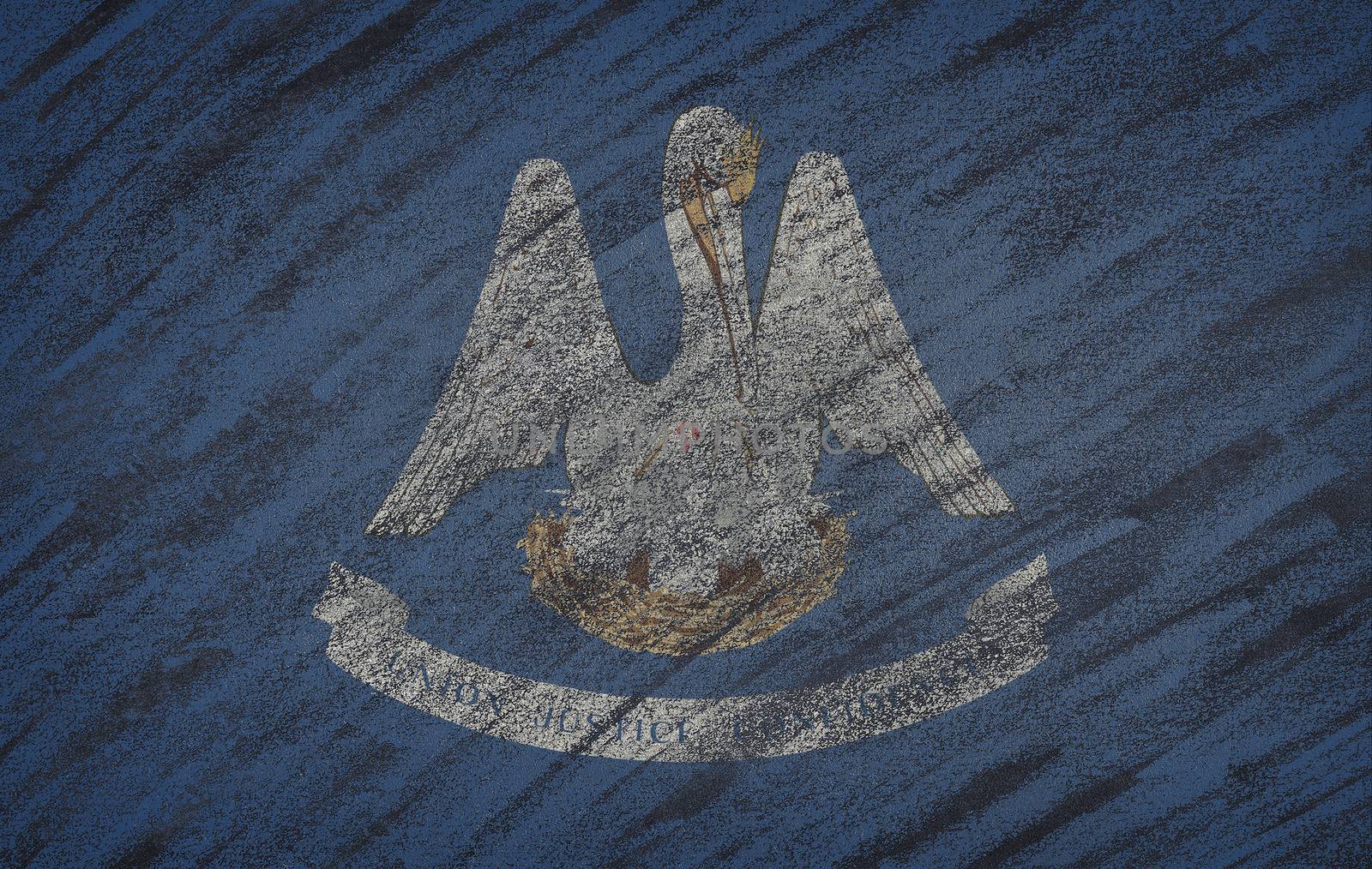 Close-up of national Louisiana state flag painted with colored chalk on a blackboard. 3D rendering