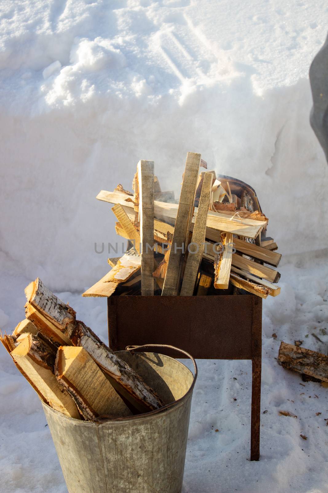 Barbecue with wood in winter on the street. Fry kebabs by AnatoliiFoto