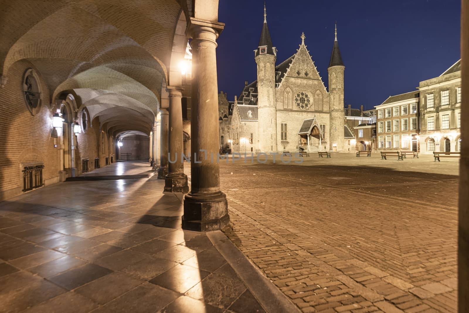 Dutch parliament inner court and knights hall night view in The Hague, Netherlands