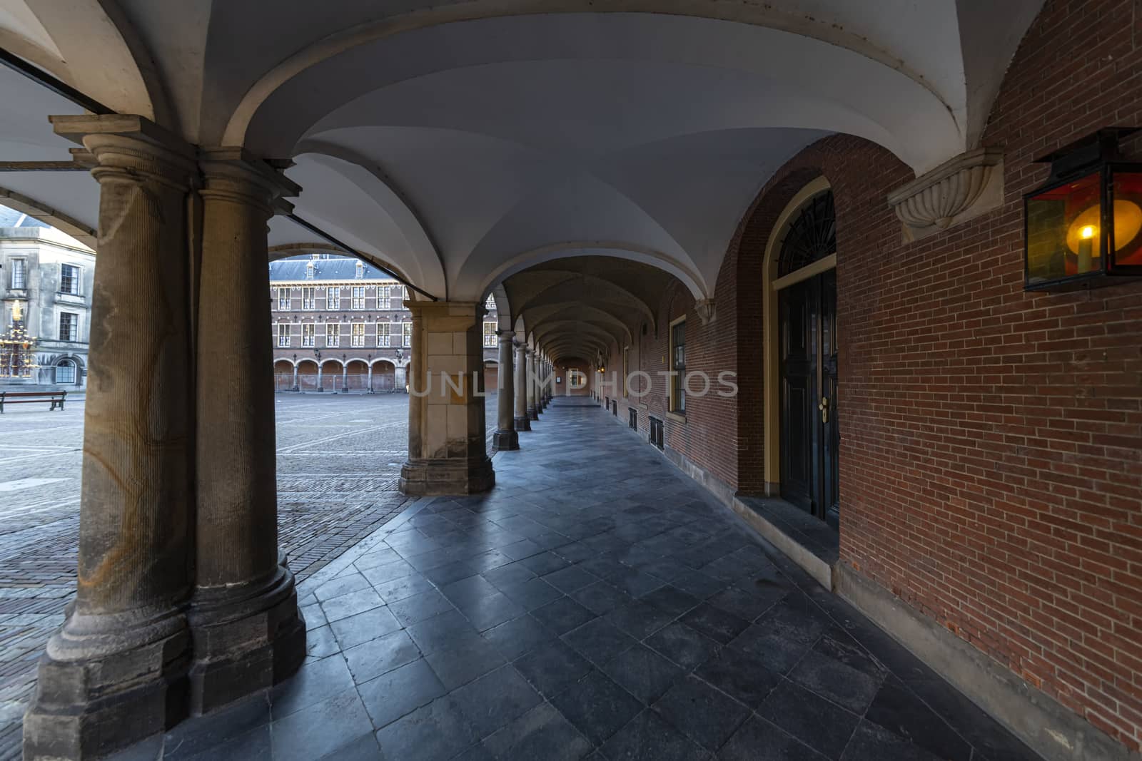 Dutch parliament inner court and corridor around the building view in The Hague, Netherlands