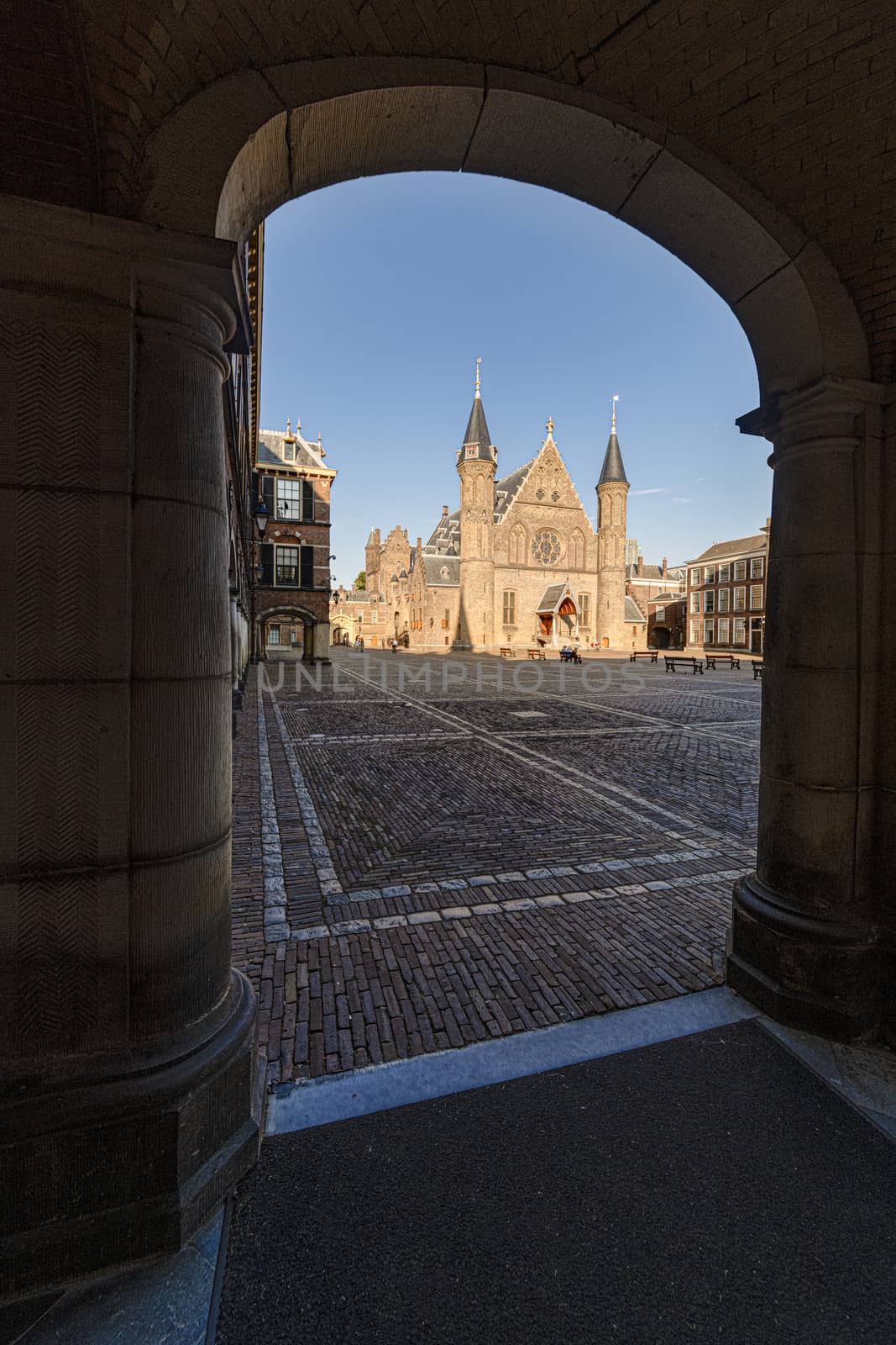 Dutch parliament inner court and knights hall night view in The Hague, Netherlands