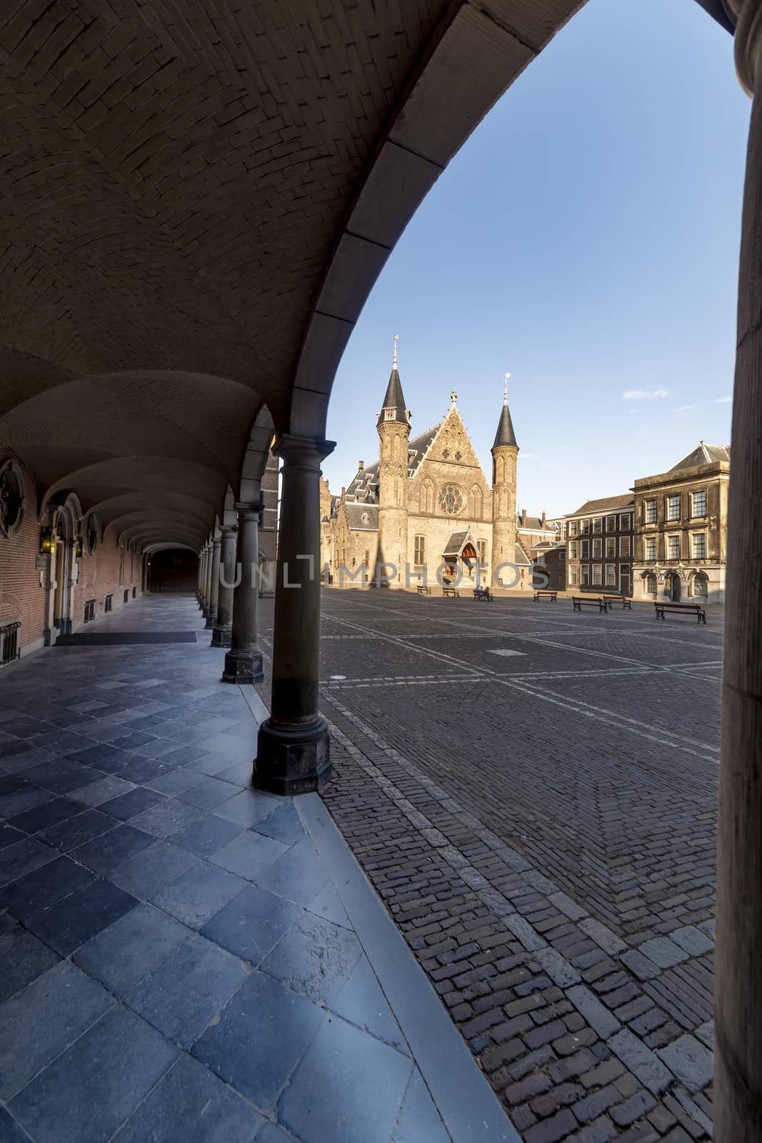 Dutch parliament inner court and knights hall night view in The Hague, Netherlands