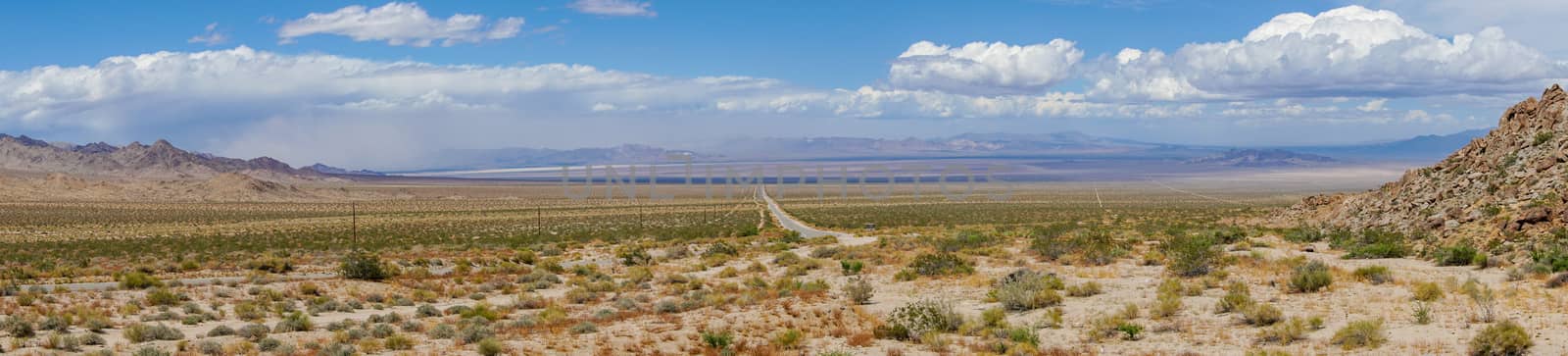 Endless desert road. Long straight road in desert. Adventure travel in a desert. California. USA