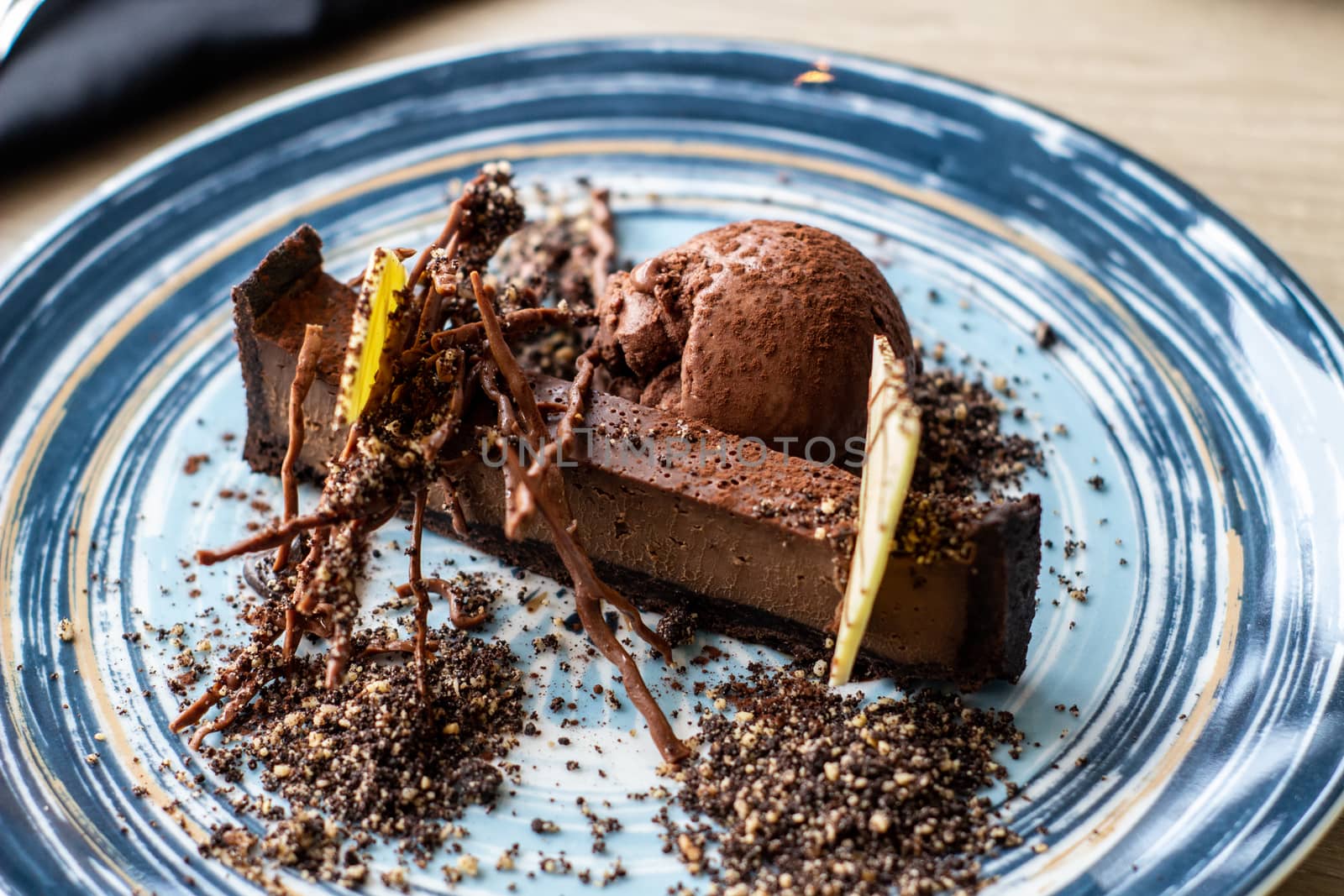Beautifully designed chocolate dessert in the restaurant