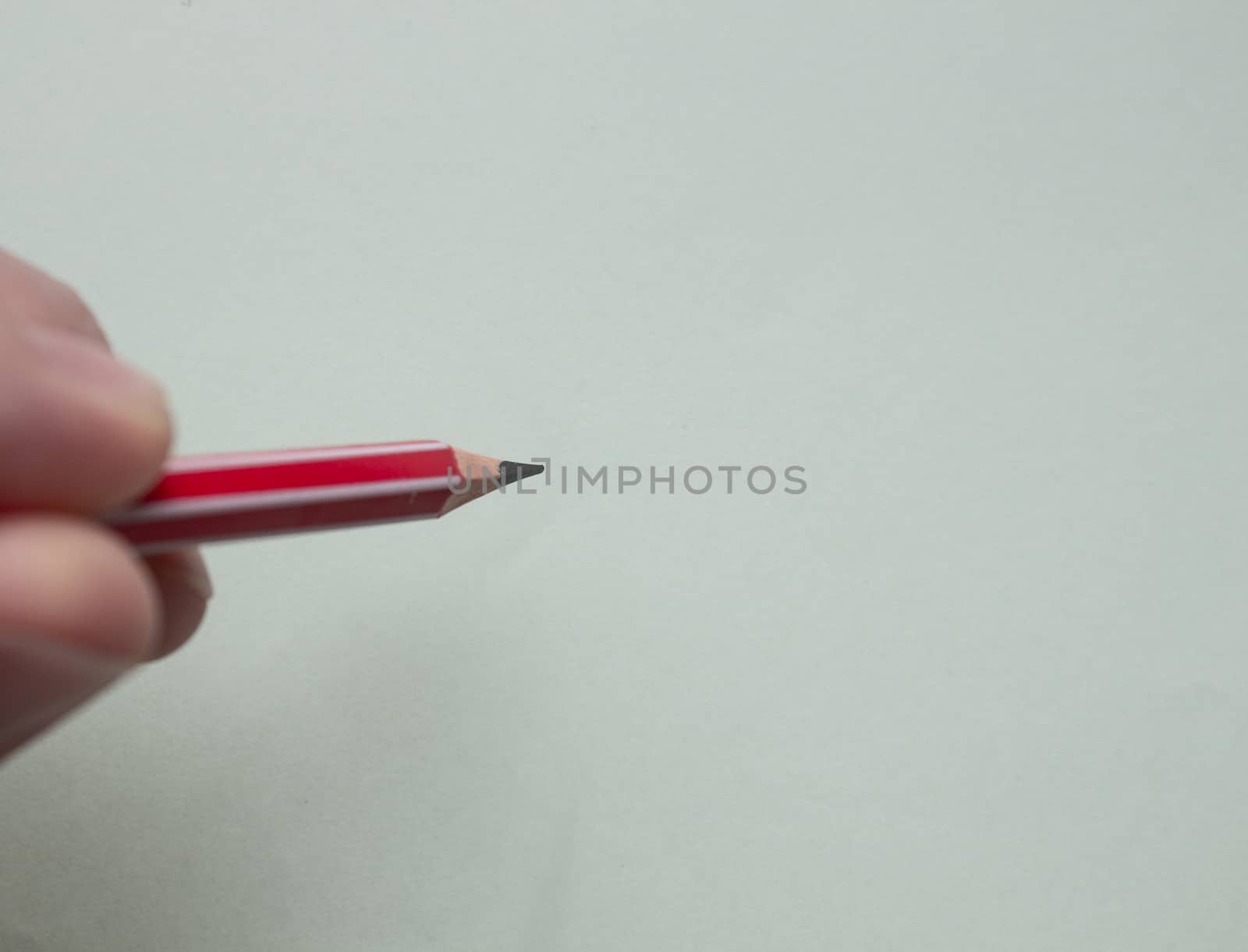 Red pencil. A man holds a red pencil on a light paper with his fingers.