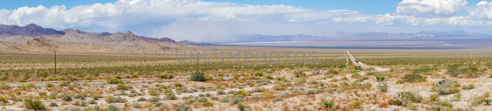 Endless desert road. Long straight road in desert. Adventure travel in a desert. California. USA