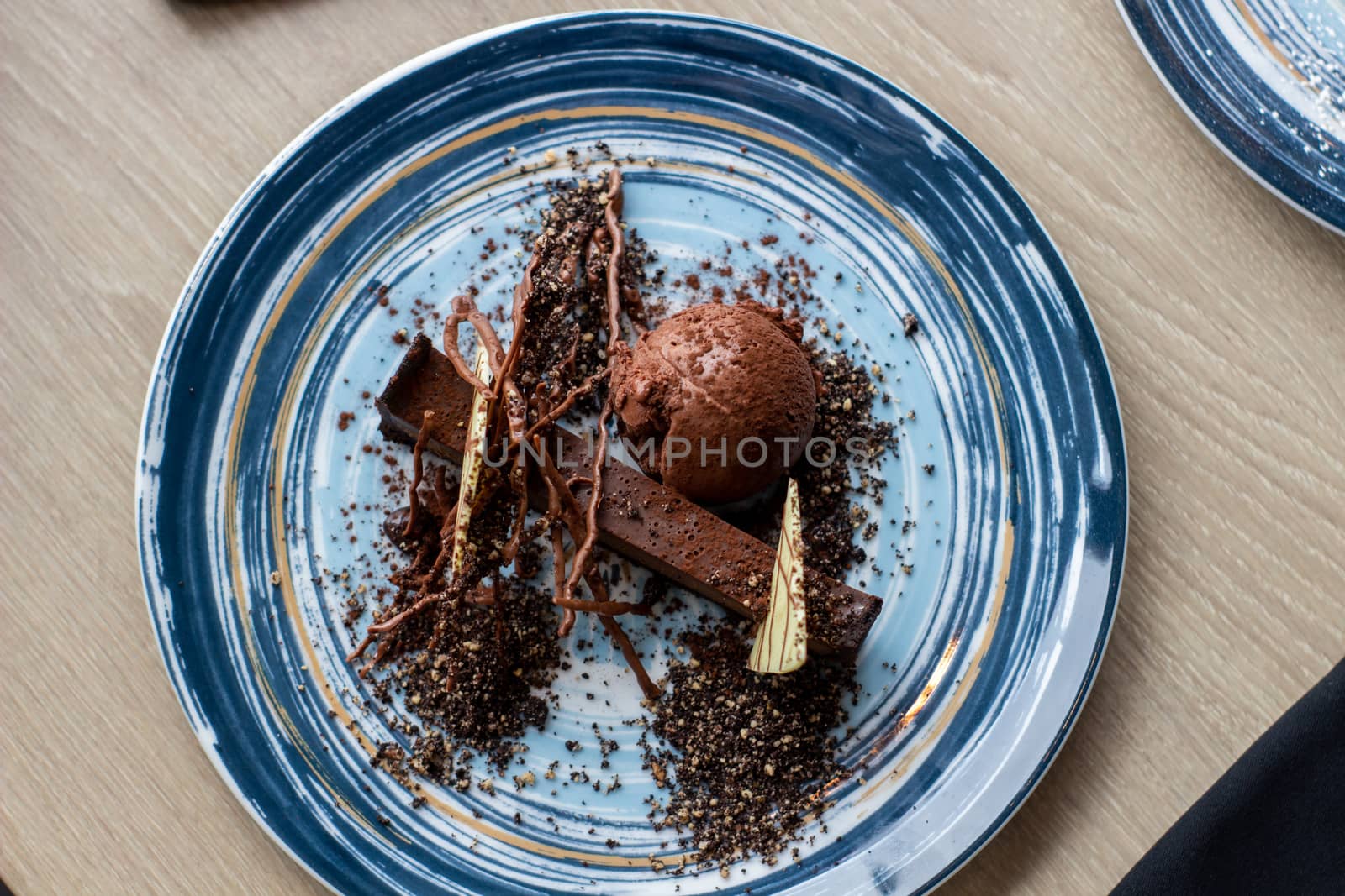 Beautifully designed chocolate dessert in the restaurant