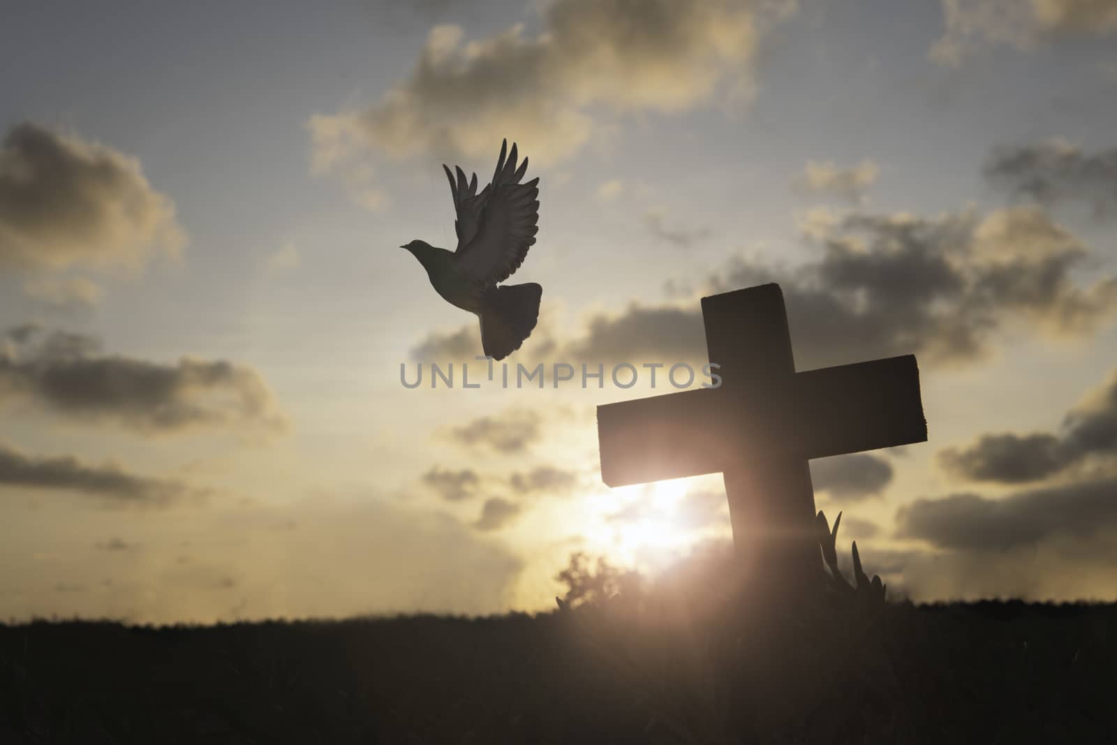 Silhouette Jesus christ death on cross crucifixion on calvary hill in sunset good friday risen in easter day concept for Christian praise for holy spirit religious God, Catholic praying background.