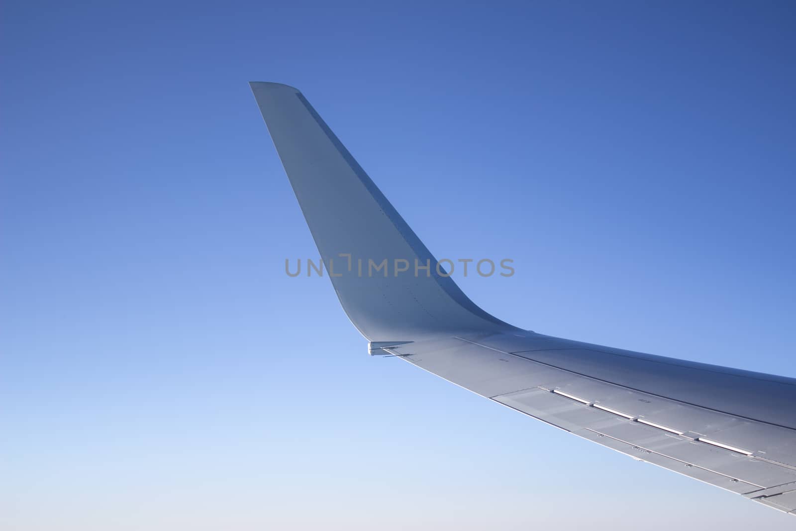 Airplane wing in the sky. View from a great height