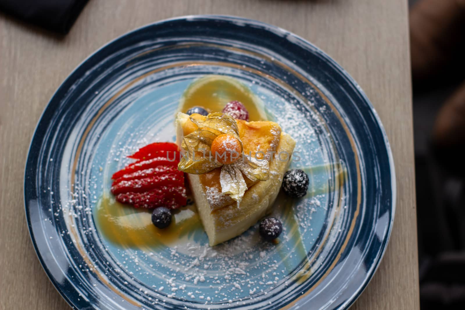 Beautifully designed sweet dessert in the restaurant.