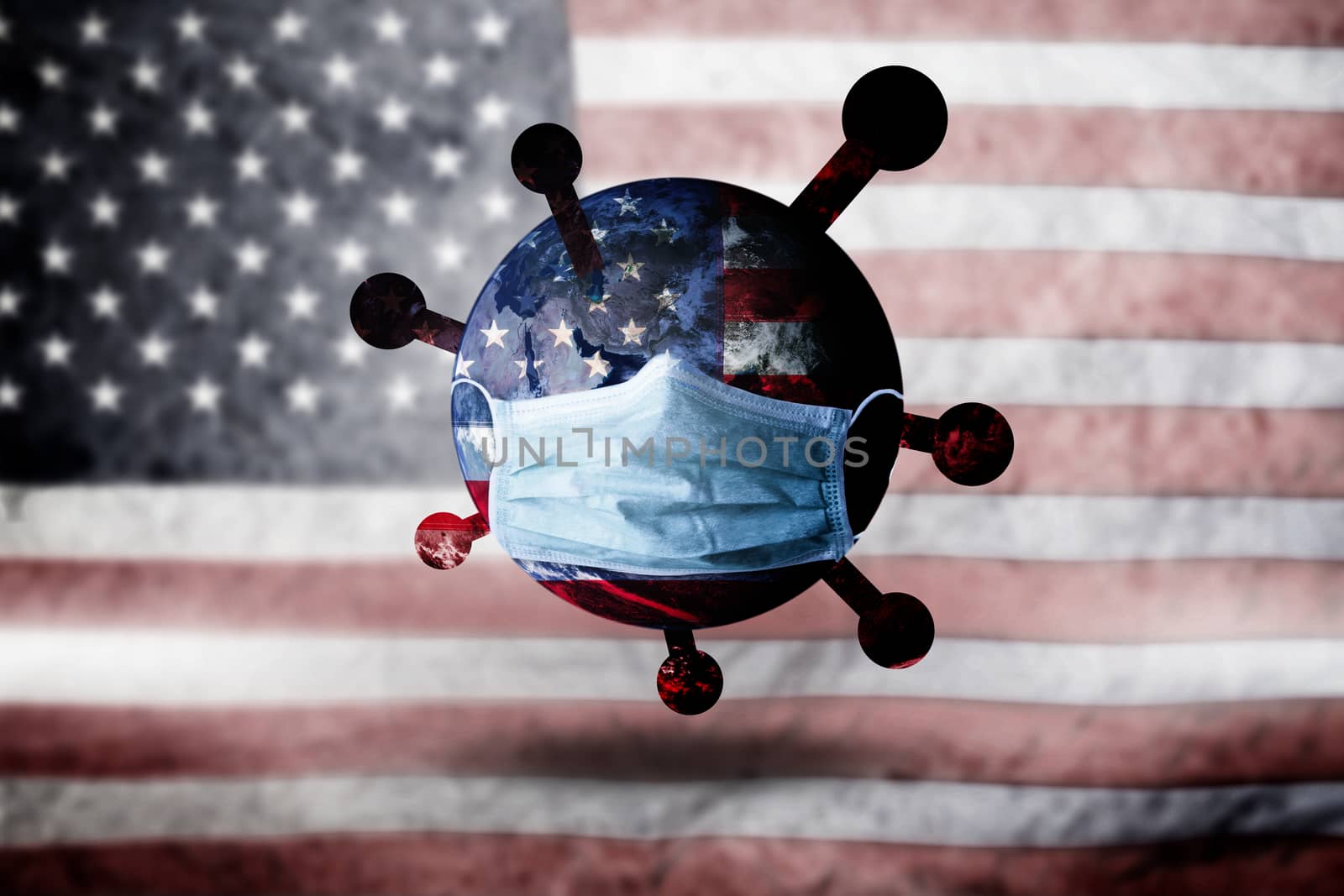 World mask protect Corona virus on American flag background concept for Earth warning covid19 flu pandemic quarantine, 4th July America Independence day care for pneumonitis and symptoms control
