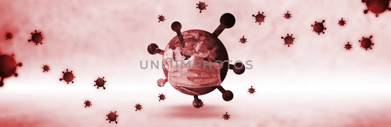 Panoramic World mask protect Corona virus on background with clipping path concept for Earth warning covid19 flu pandemic quarantine, wide environment day care for pneumonitis and symptoms control