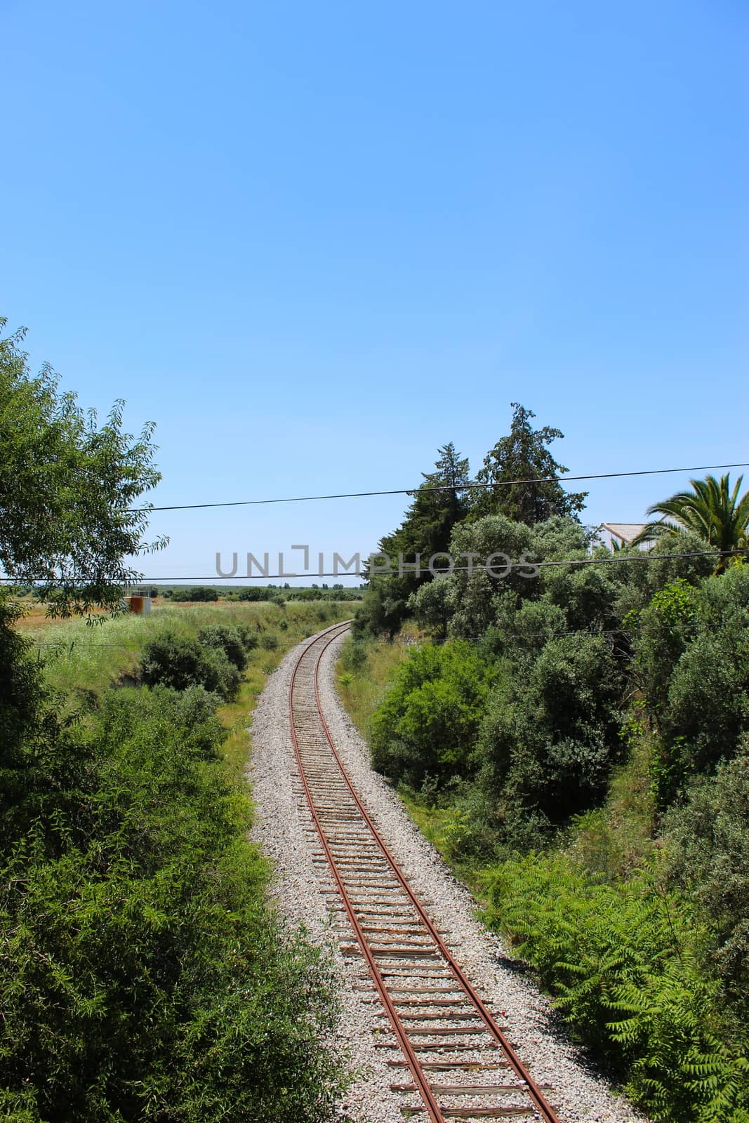 Old railway with trees on the side. In Beja, Portugal.