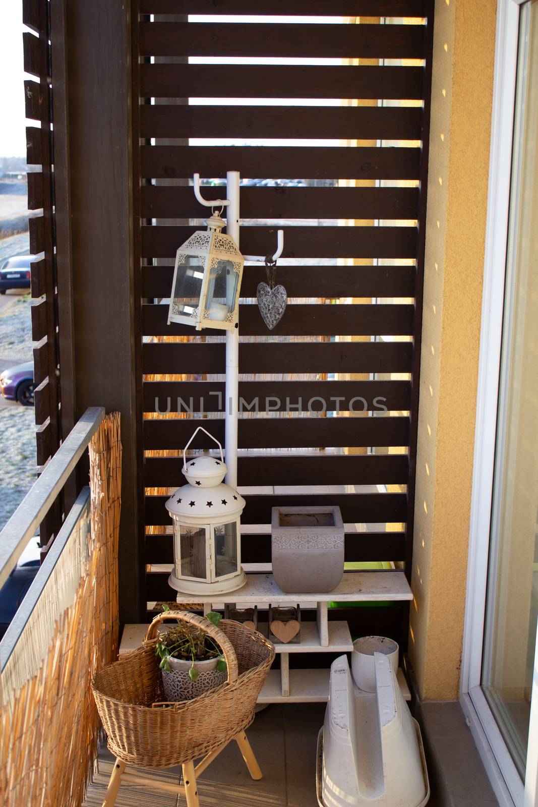 Outdoor balcony in a European apartment, in Riga, Latvia