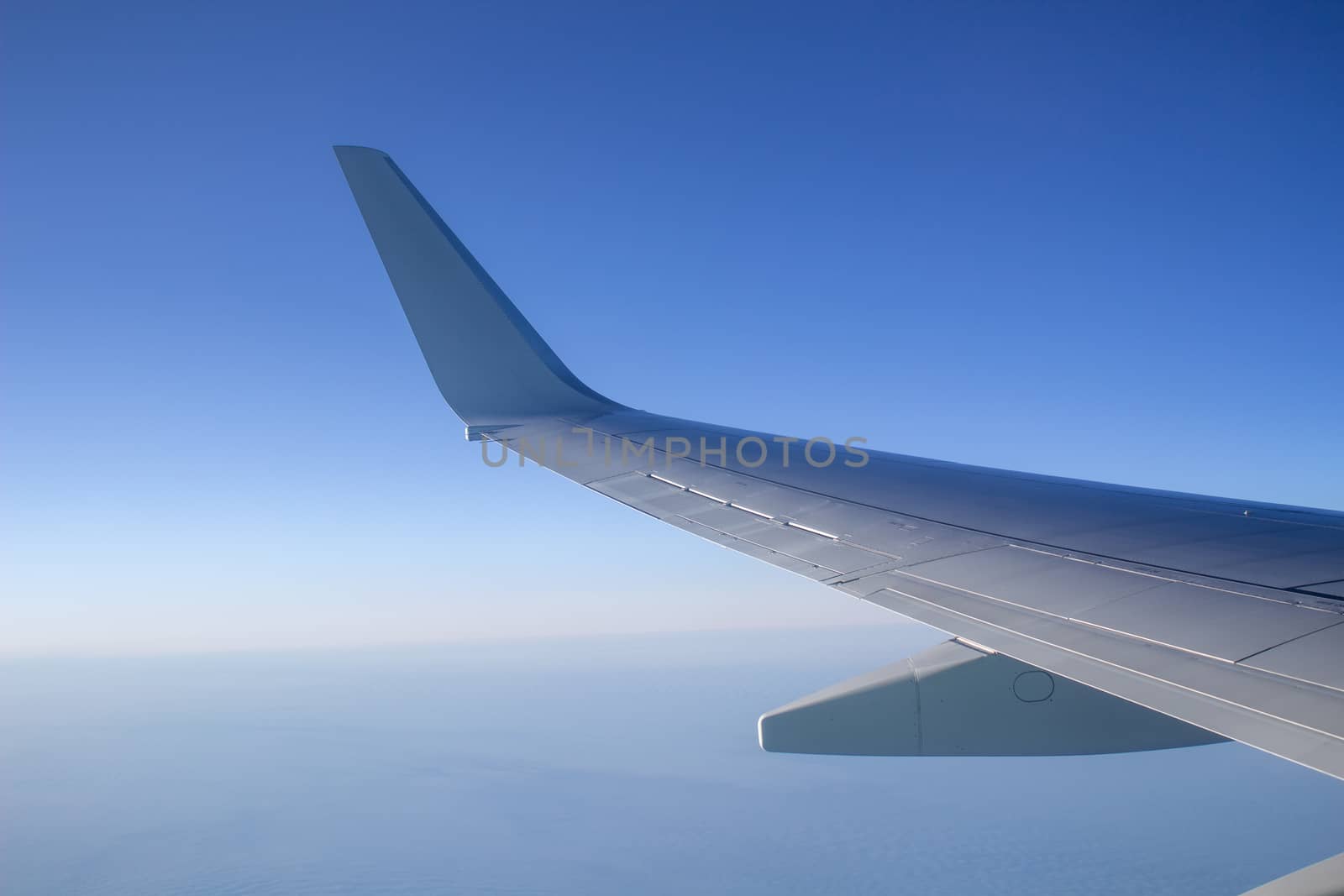 Airplane wing in the sky. View from a great height