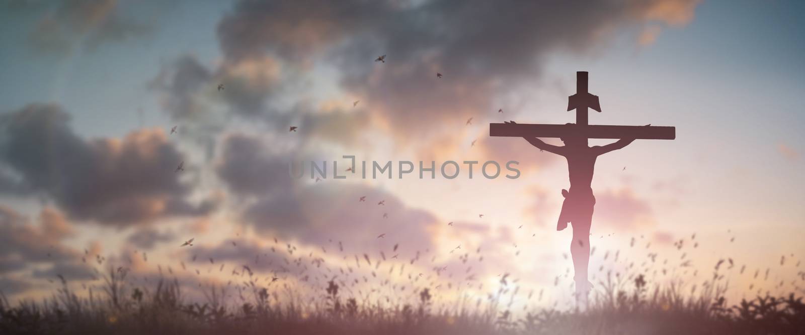 Silhouette Jesus christ death on cross crucifixion on calvary hill in sunset good friday risen in easter day concept for Christian praise for holy spirit religious God, Catholic praying background.
