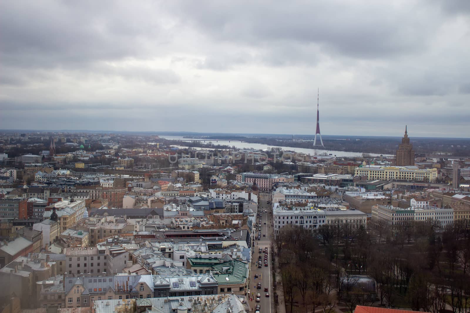 Beautiful buildings in Riga, Latvia. Walking in Riga in March 2020.