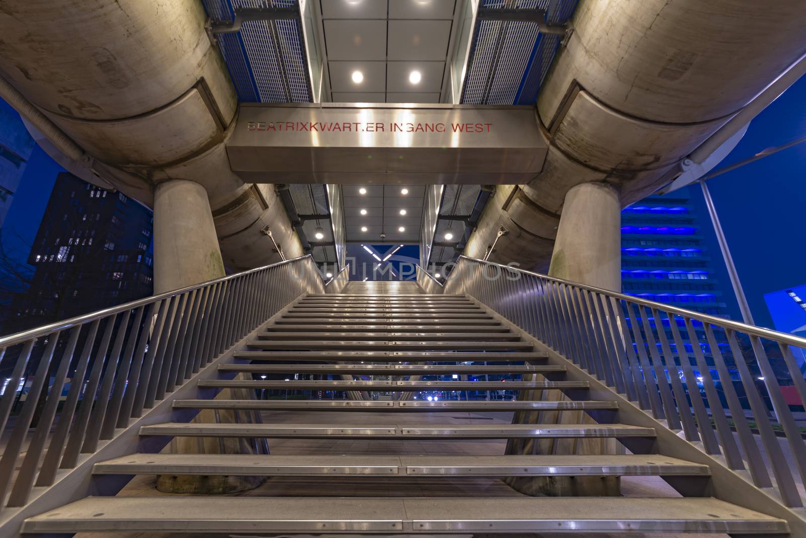 Beatrixkwartier (Beatrix district in Dutch) entrance east Escalator to a tramway station in The Hague at night