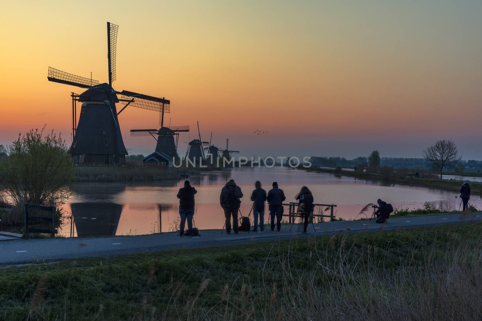 Silhouette of photographers standing and capturing pictures in front the Kinderdijk windmill sunrise during the golden hour, Alblaserdam, Netherlands by ankorlight