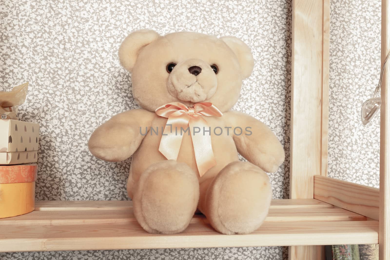 Bear toy on a wooden shelf in the room by AnatoliiFoto