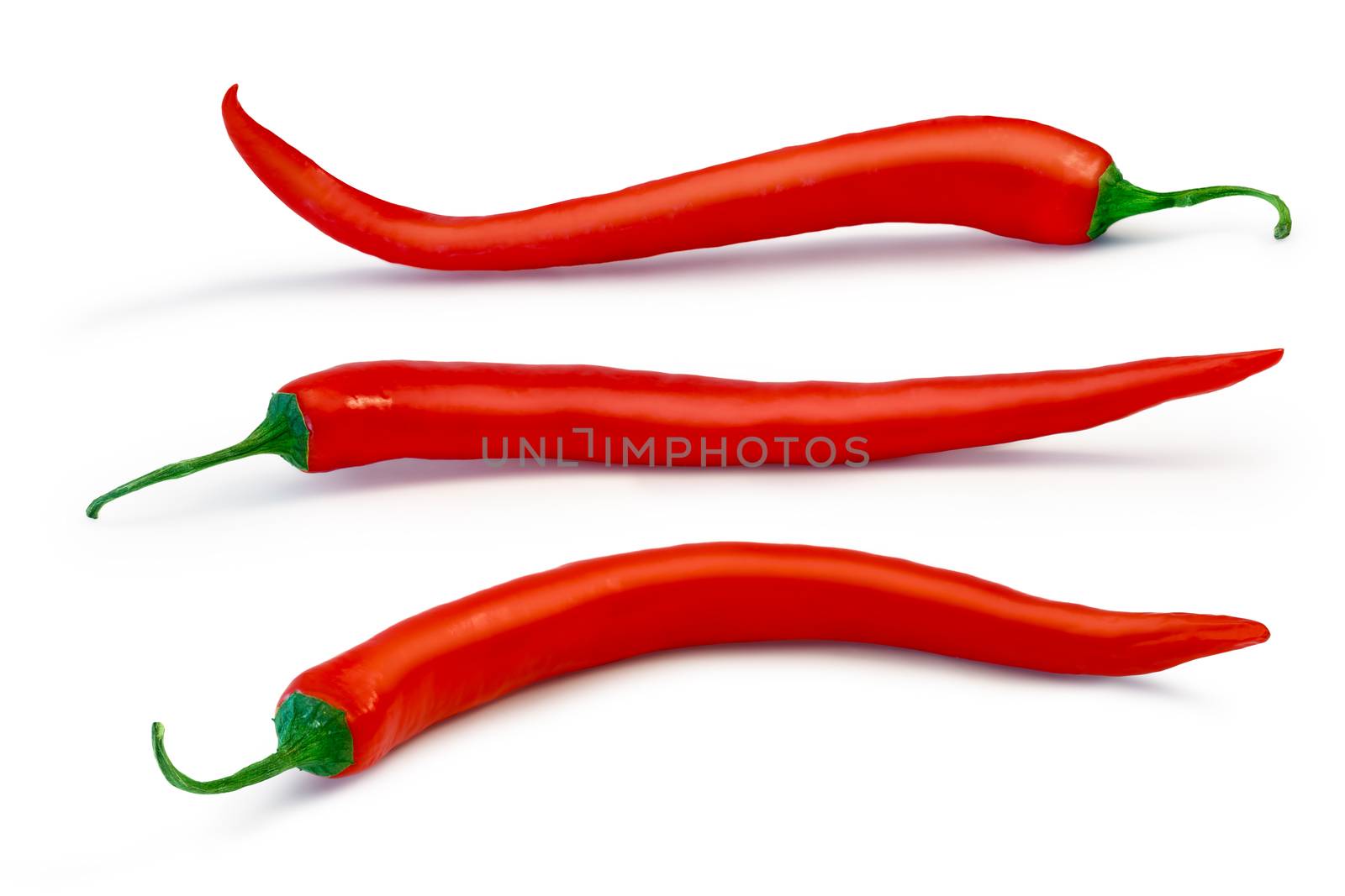 Long curvy chili peppers. Individual clipping paths for both peppers and shadows, infinite DOF