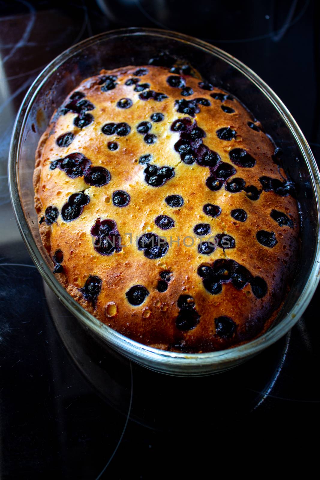 Cottage cheese casserole baked with blueberry. Curd casserole with fresh berries on kitchen table. Top view