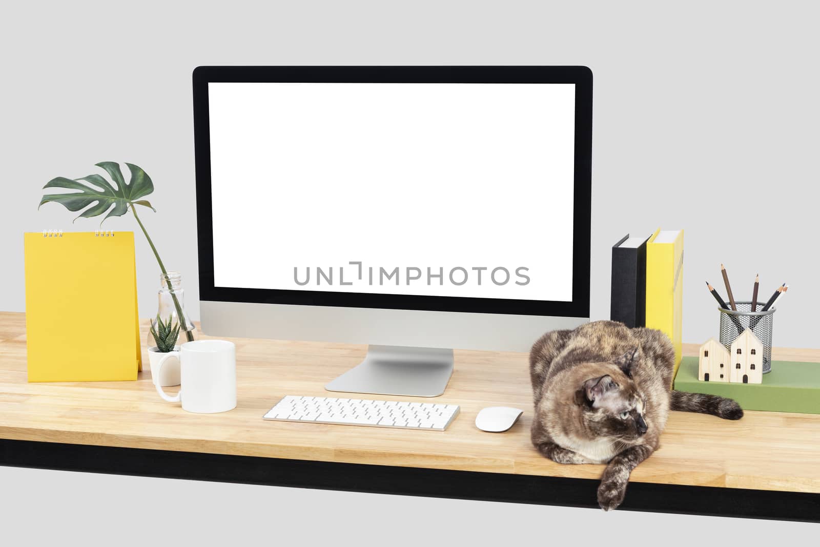 Mockup Blank screen desktop computer and decorations with cat animal on wood table and white wall background.