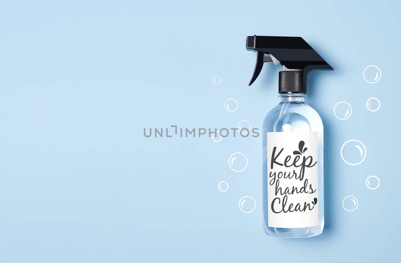 mockup spray alcohol cleaning for protect anti virus bacteria on blue background.