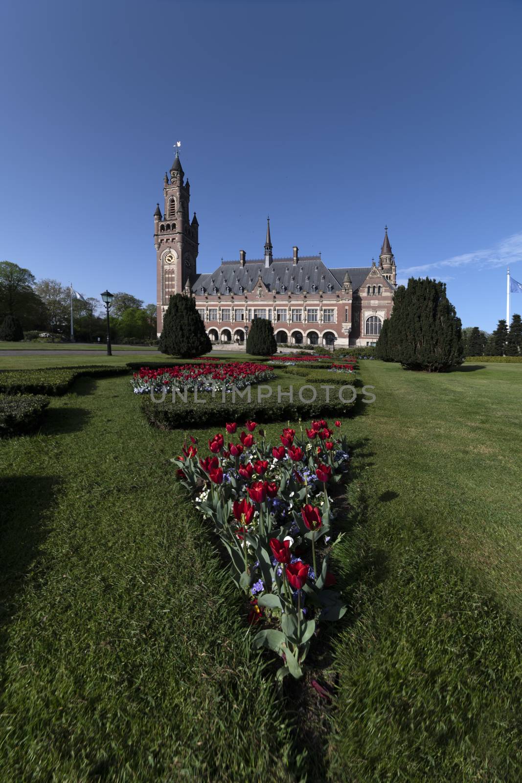 THE HAGUE, 24 April 2019 - Sunrise at the Peace Palace, seat of the International Court of Justice, view from the peaceful garden with read tulip flowers around the building  by ankorlight