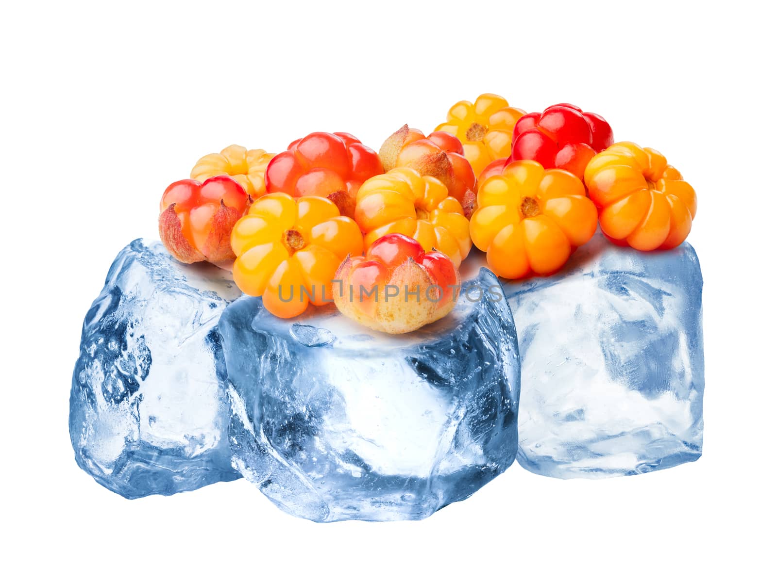 Heap of wild cloudberries freezing on rough crushed ice. Clipping paths for cloudberry and for whole composite