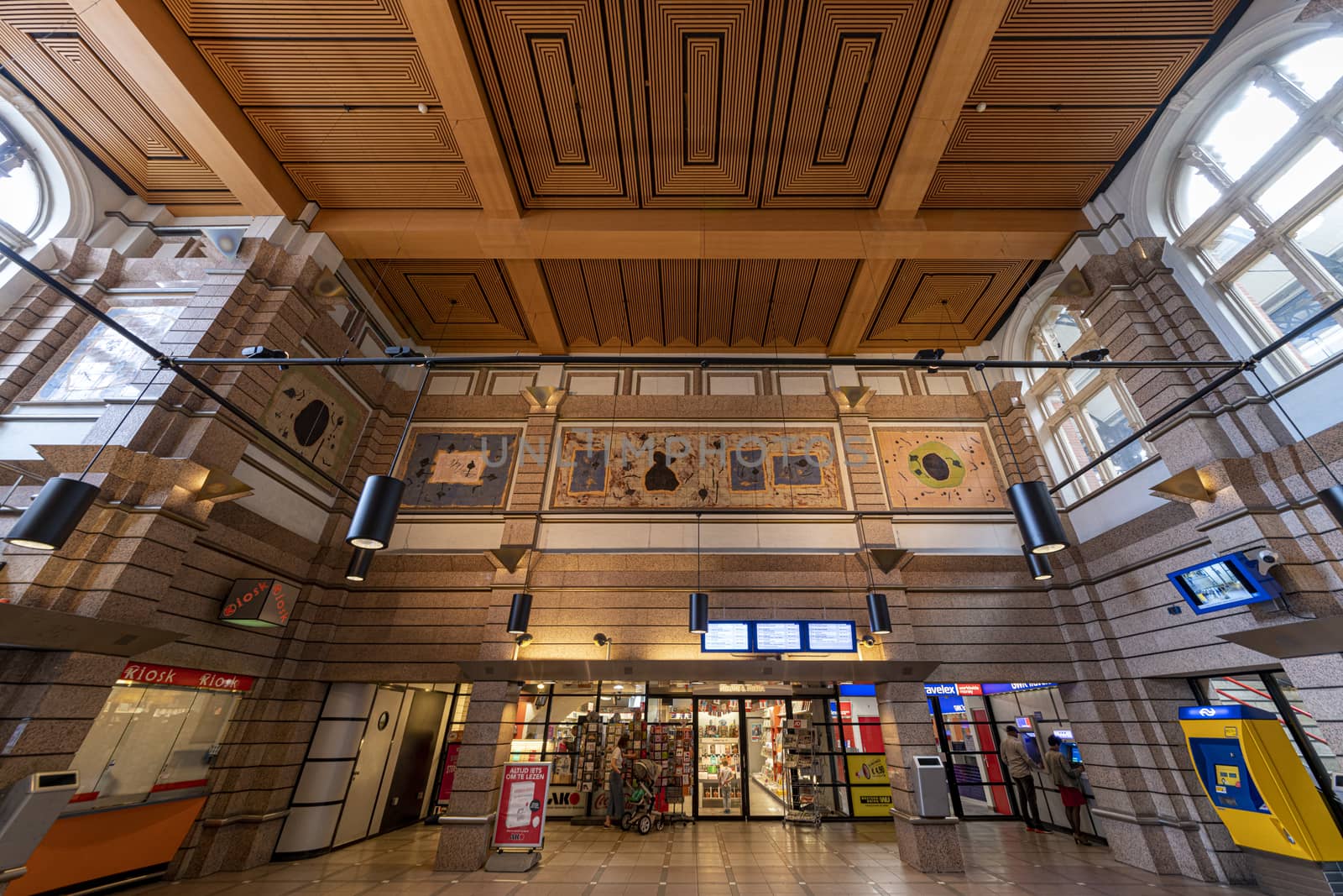 THE HAGUE, 10 June 2019 - Entrance and ceiling of the 'art deco' style of Den Haag train station by ankorlight