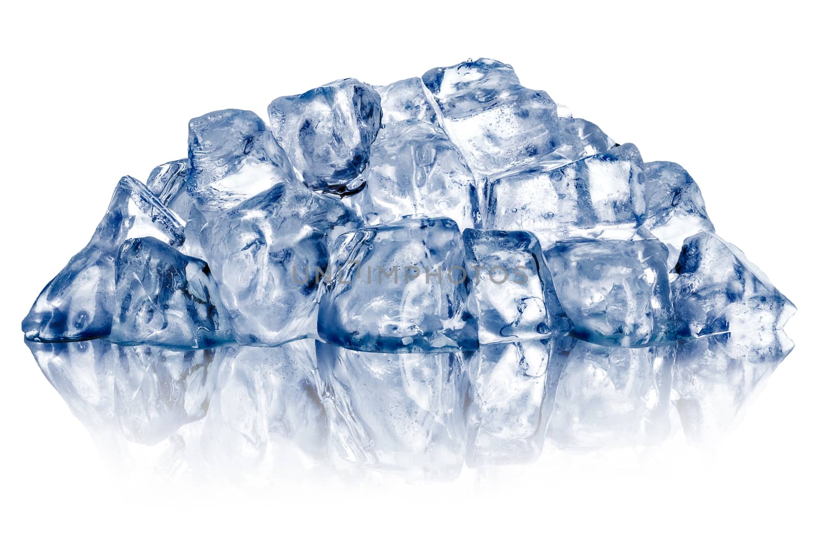 Heap of rough crushed ice, irregular shaped, dry, with fake reflection. Clipping paths for ice and reflection