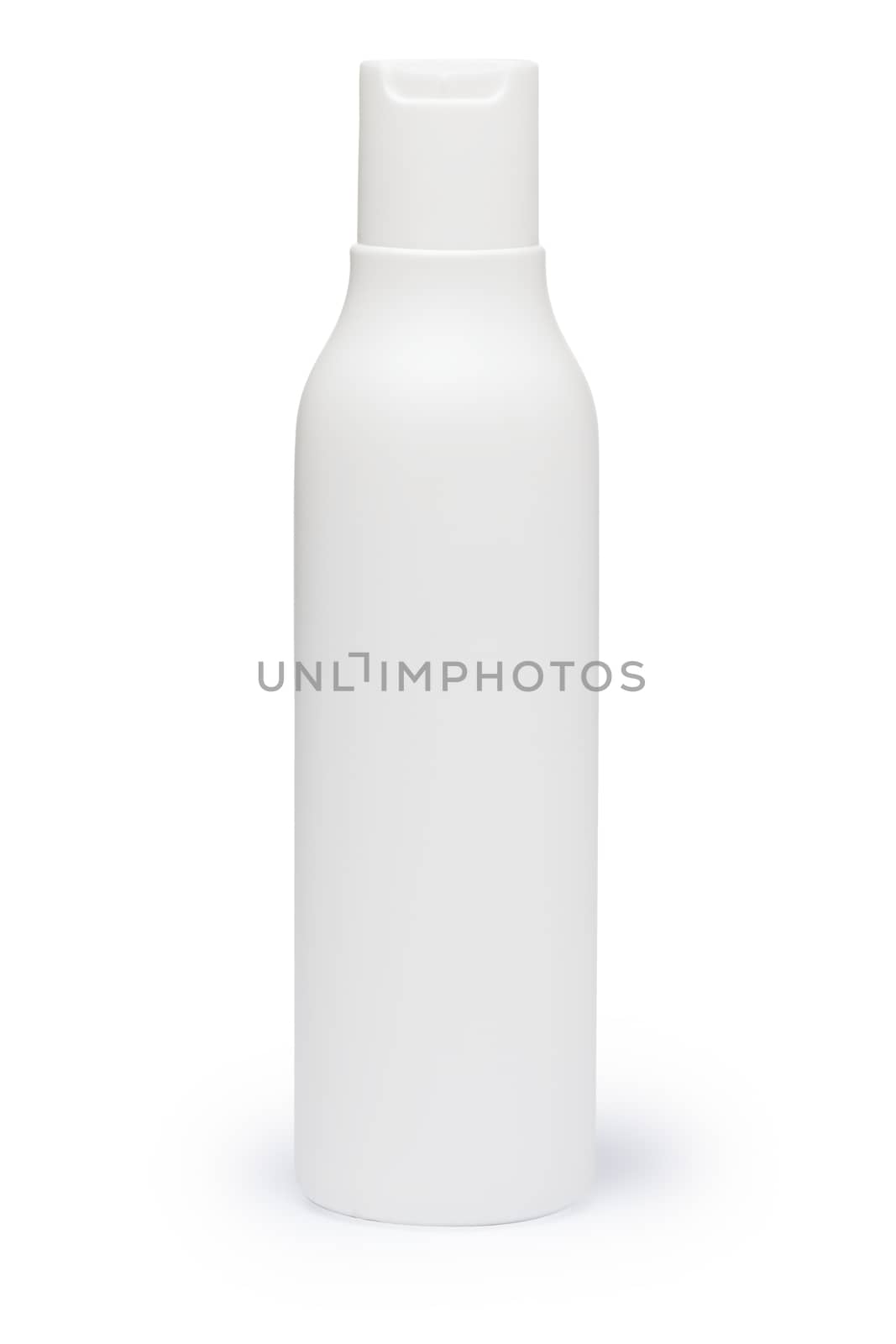 White plastic bottle with cap (mockup). Infinite depth of field, clipping paths for both bottle and its shadow