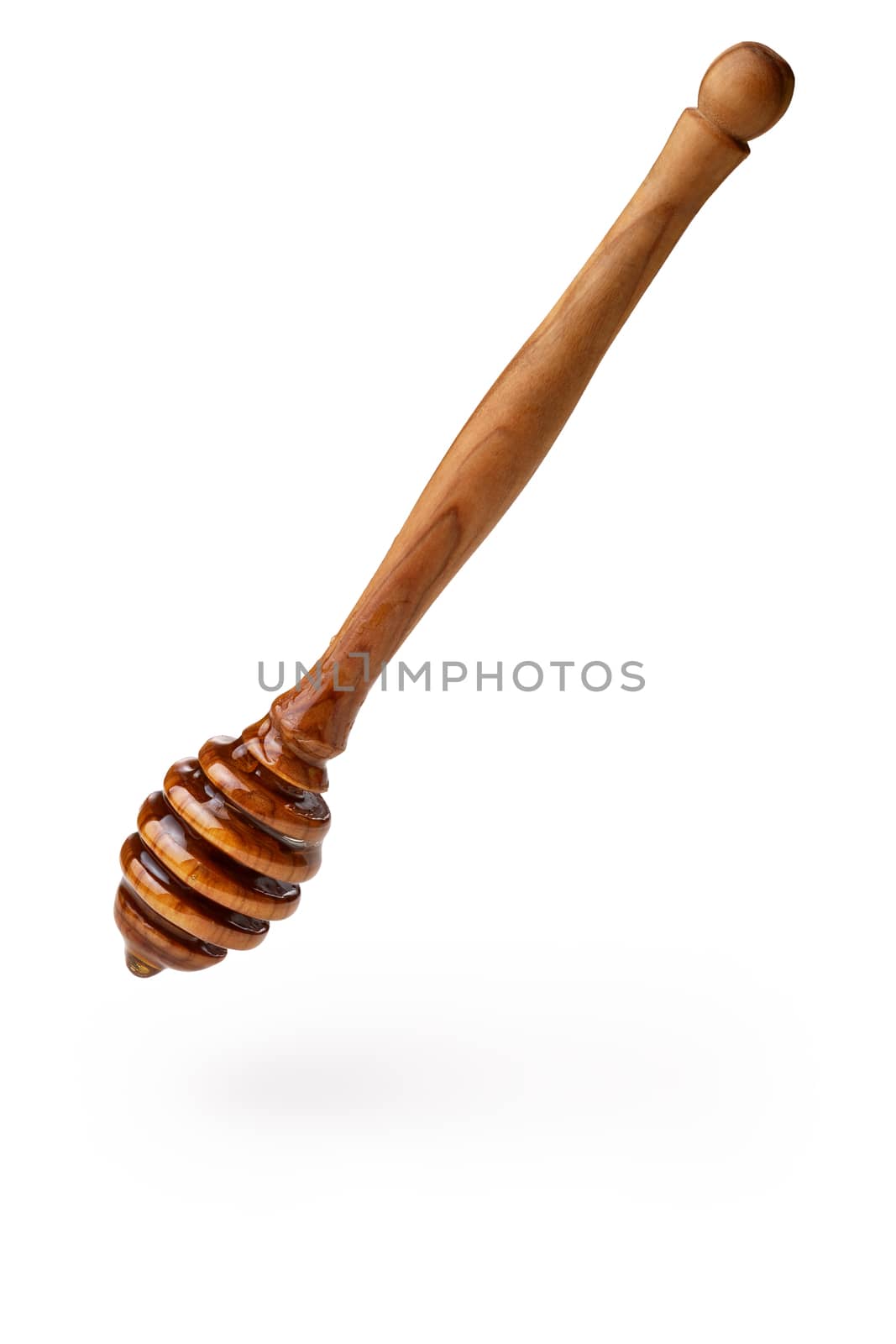 Hanging wooden honey dipper with drop shadow. Infinite depth of field,clipping paths