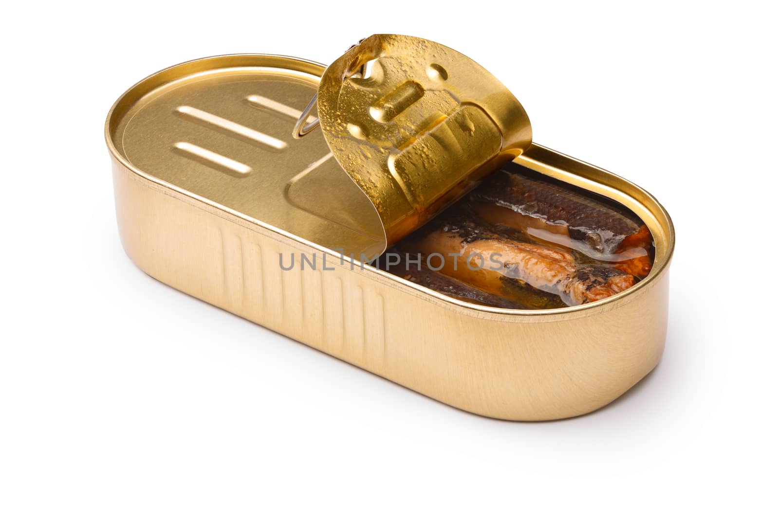 Smoked fish, sardines or sprats in half-opened tin. Infinite DOF, clipping paths