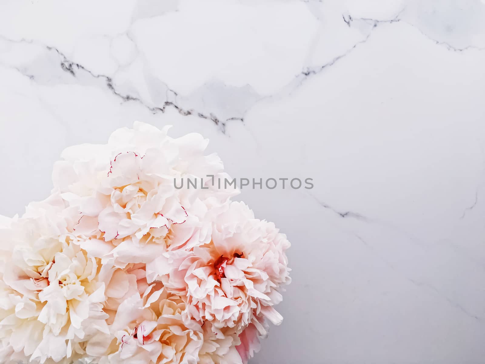 Bouquet of peony flowers on luxury marble background, wedding flatlay and event branding design