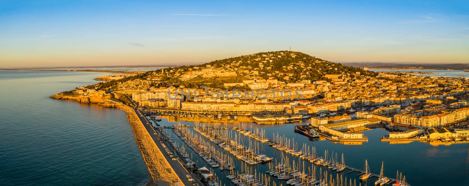 Aerial panorama of the port of Sète in the morning in Hérault in Occitanie, France by Frederic