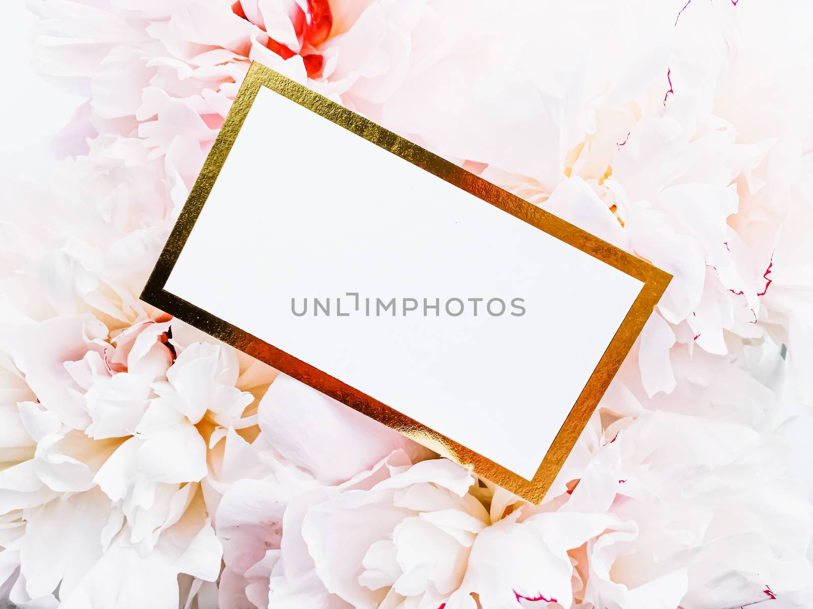 Glamorous business card or invitation mockup and bouquet of peony flowers, wedding and event branding design