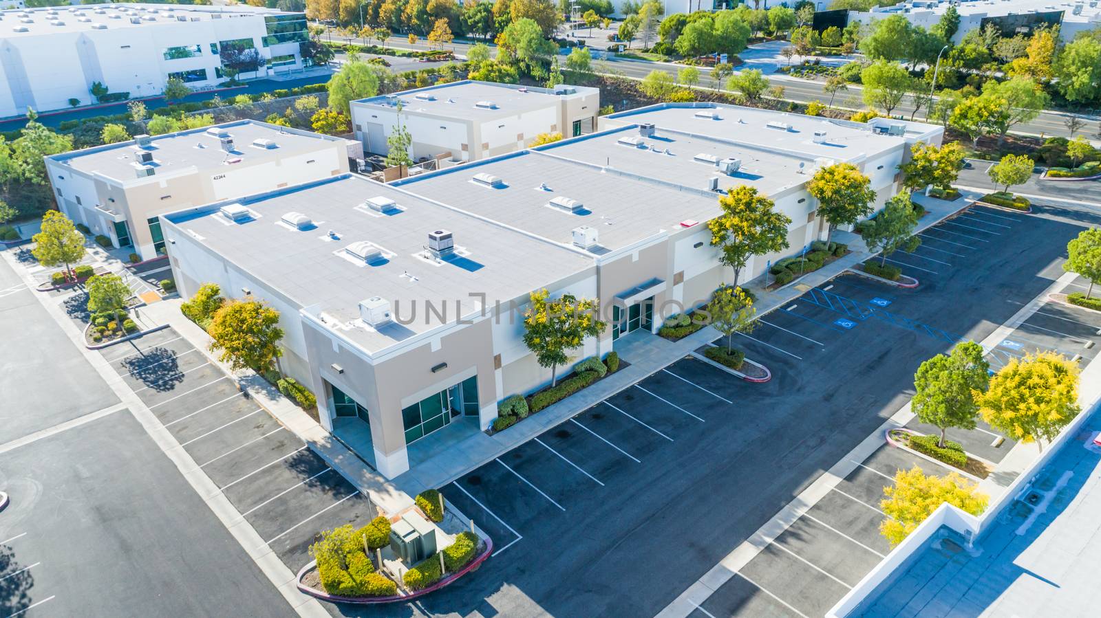 Aerial View Of Industrial Commerce Office Buildings.