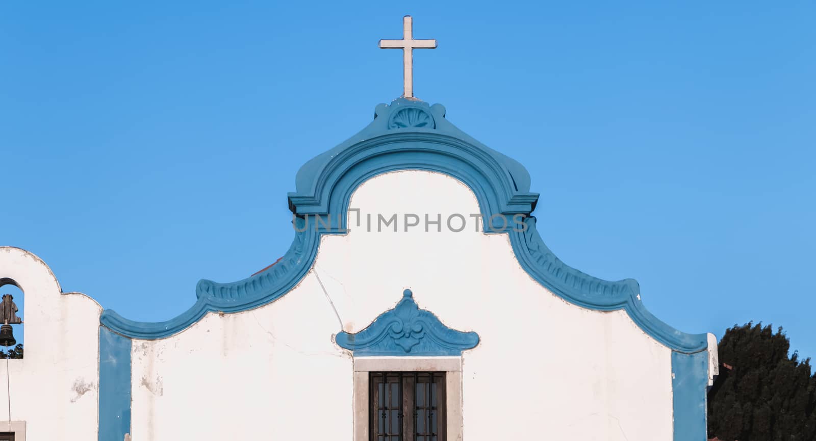 Albufeira, Portugal - May 3, 2018: Architectural detail of the Ermida Church of Our Lady of Orada (Nossa Senhora da Orada) on a spring day