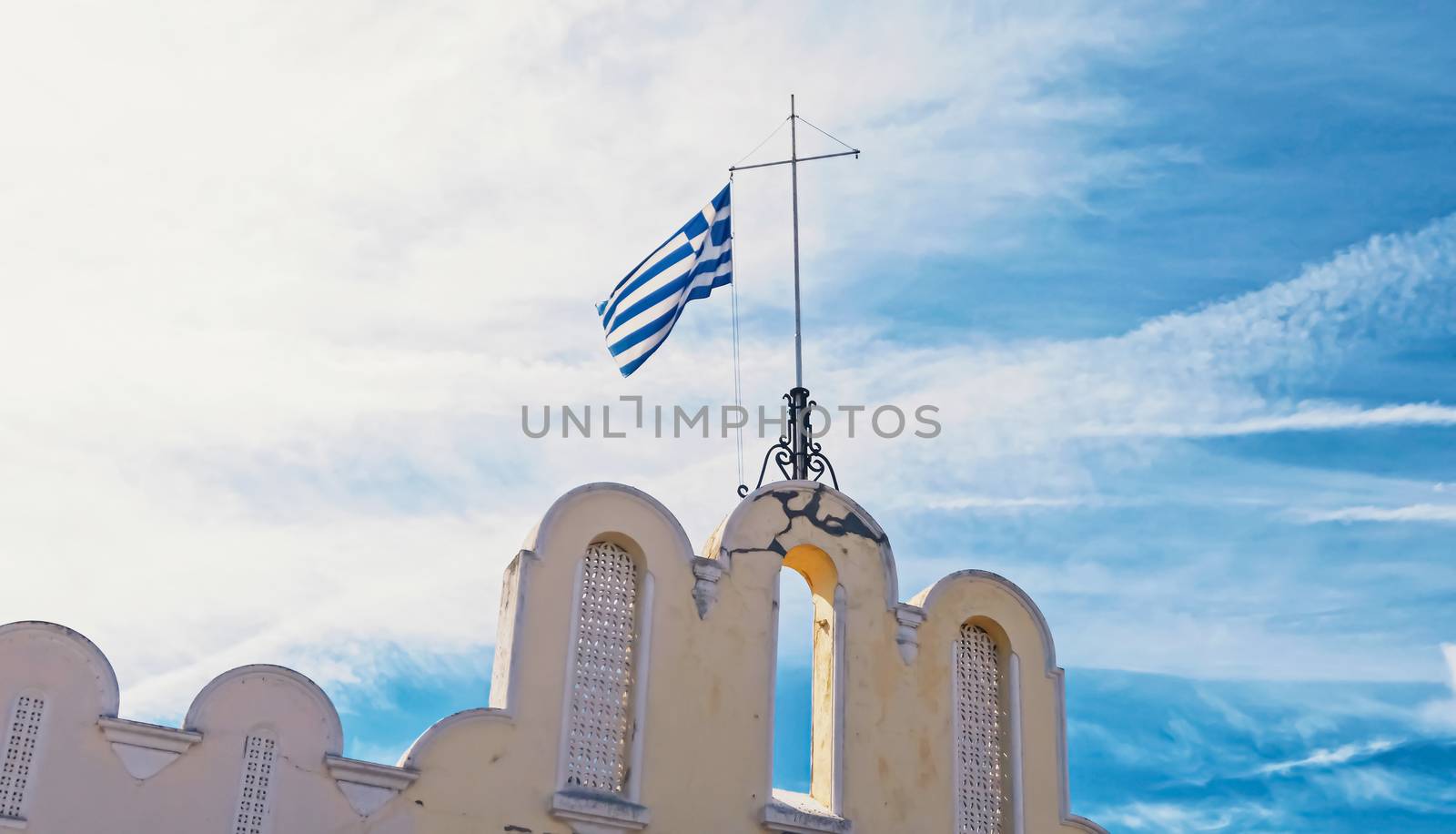 Greek flag and blue sky, travel and politics concept