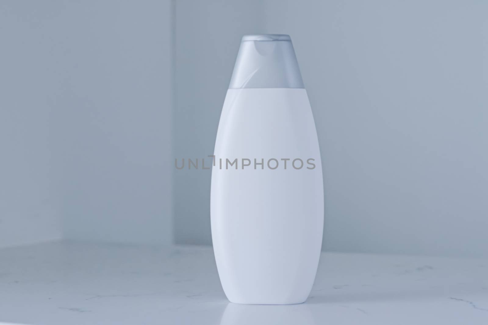 Blank label cosmetic container bottle as product mockup on gray background by Anneleven