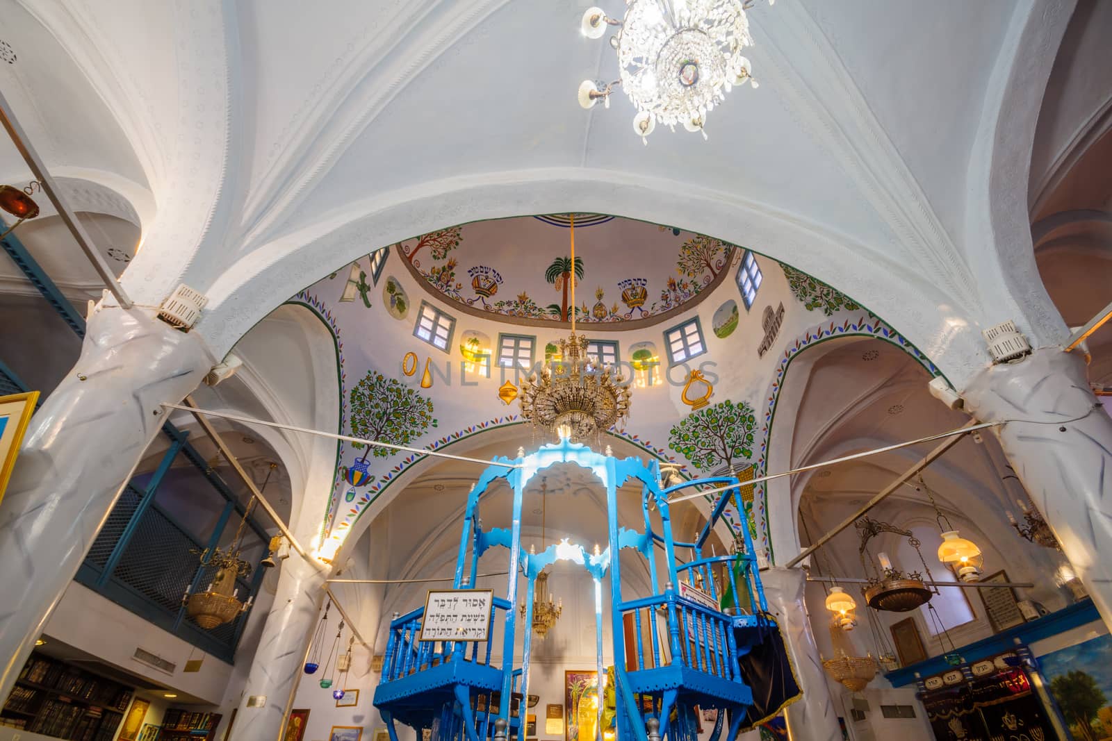 SAFED, ISRAEL - SEPTEMBER 14, 2016: The Abuhav Synagogue, in the Jewish quarter, in Safed (Tzfat), Israel. It is a 15th-century synagogue, named after the Spanish rabbi and kabbalist, Isaac Abuhav