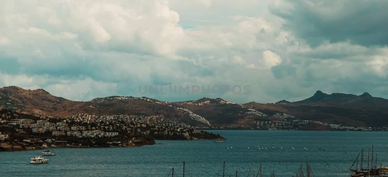 Mediterranean coast and cloudy sky, beautiful panoramic sea view and coastal nature scene