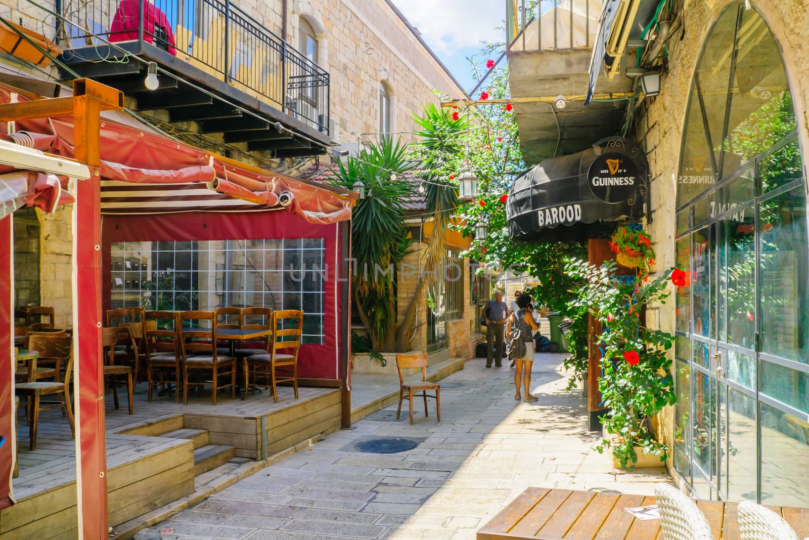 JERUSALEM, ISRAEL - SEPTEMBER 23, 2016: Scene of the Feingold courtyard, with restaurants, locals and visitors, in Jerusalem, Israel