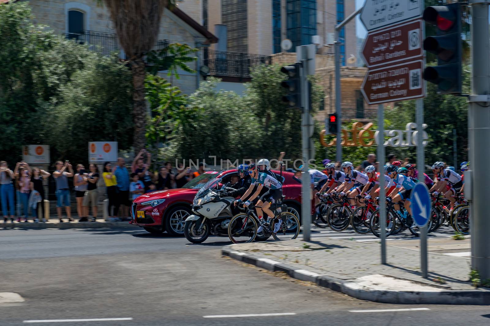 HAIFA, ISRAEL - MAY 05, 2018: Scene of stage 2 of 2018 Giro d Italia, with cyclists and spectators, in Haifa, Israel