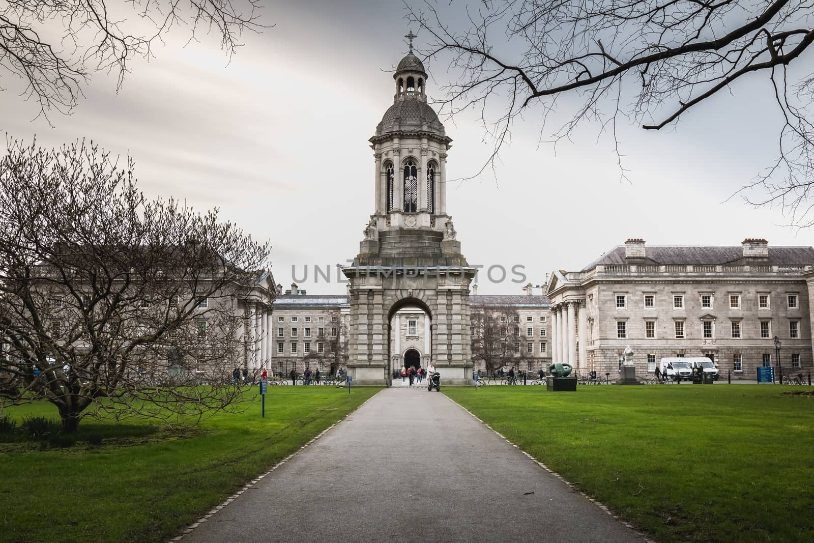 Dublin, Ireland - February 11, 2019: Trinity College architecture detail in downtown on a winter day